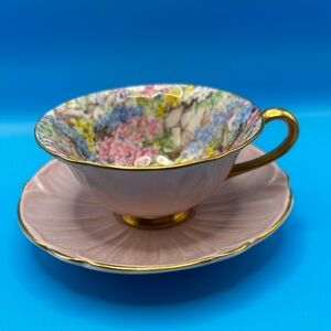 Rare Vintage Shelly Fine China Elegant Pink & Gold Floral Teacup and Saucer Set